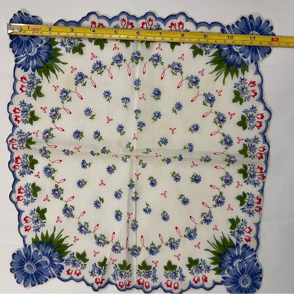 Vintage Floral Handkerchief Blue Flowers Cottagecore Decor Hanky 13” - Picture 4 of 7